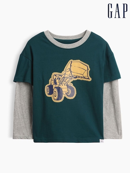 Green/Grey Digger - Gap Graphic Long Sleeve T-shirt (6mths-5yrs)