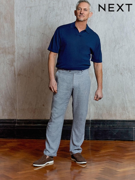 Chambray Blue Textured Linen Blend Trousers (232147) | 69 QAR
