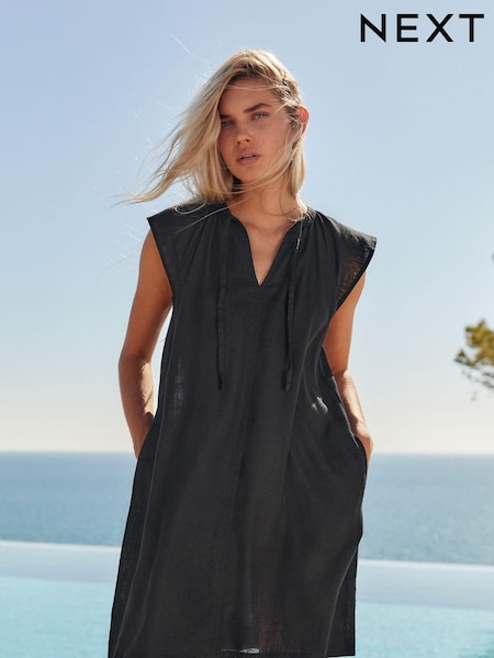 Black Linen Blend Tie Neck Mini Summer Dress (232485) | €14