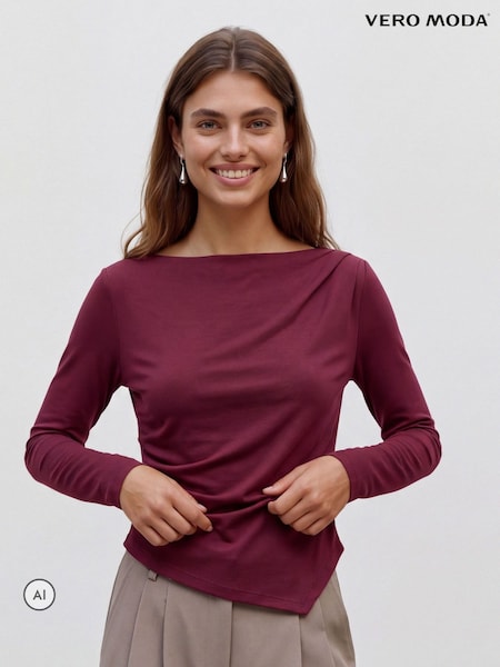 Red - Vero Moda Long Sleeve Cinched Waist Boat Neck Top