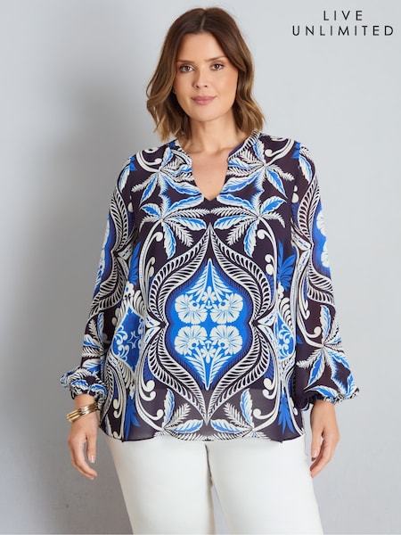 Blue - Live Unlimited Placement Print Nehru Collar Blouson Long Sleeve Blouse