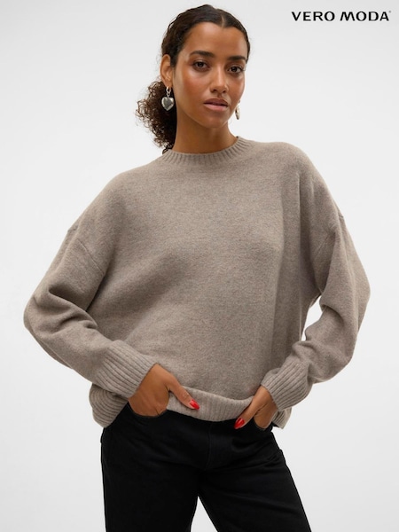 Gri - Vero Moda Long Sleeve Slouchy Round Neck Jumper