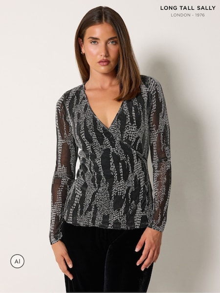 Black - Long Tall Sally Metallic Wrap Top