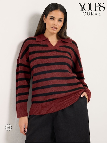 Rojo - Yours Curve Stripe Collared Knitted Jumper