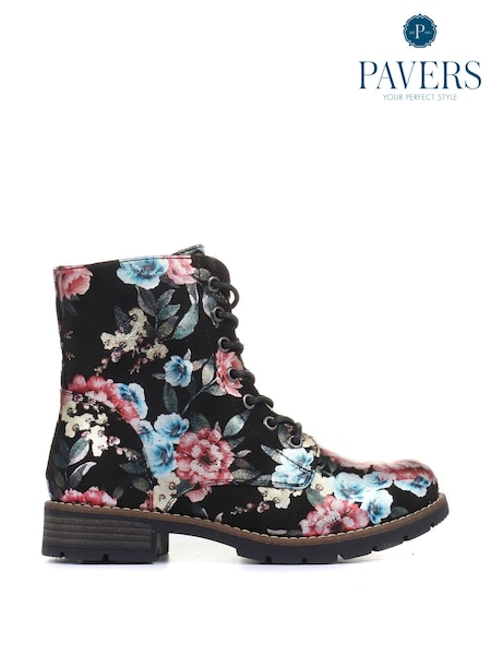 Schwarz/Pink geblümt - Pavers Damen-Stiefeletten zum Schnüren (233462) | 69 €