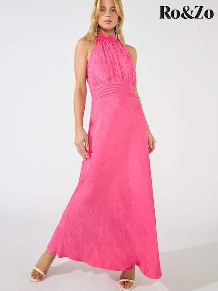 Ro&Zo - Pink Jacquard High Neck Keyhole Midi Dress (233658) | €122
