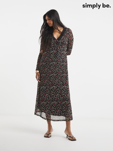 Black - Simply Be Mesh Lace Trim Midi Dress
