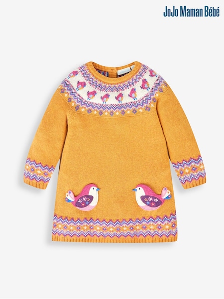 JoJo Maman Bébé Mustard Yellow Bird Fair Isle Pattern Knitted Dress (233872) | €54