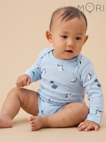 Blue - Mori Penguin Print Supersoft Long Sleeve Bodysuit