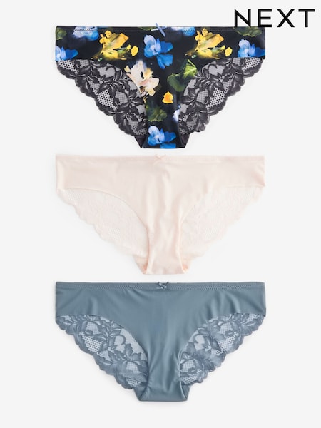 Navy Floral Print/Light Pink/Blue Brazilian No VPL Lace Back Briefs 3 Pack (234984) | €15