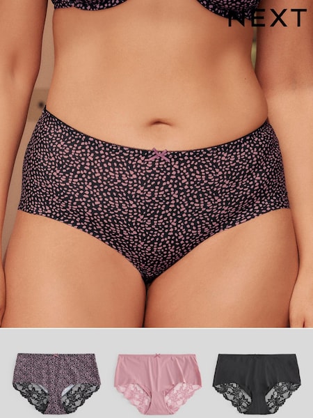 Mauve Purple Spot Print/Black/Pink Midi No VPL Lace Back Briefs 3 Pack (235243) | €16