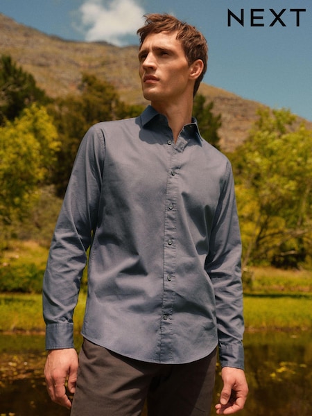 Navy Blue Regular Fit Washed Textured 100% Cotton Shirt With Cutaway Collar (235852) | €16
