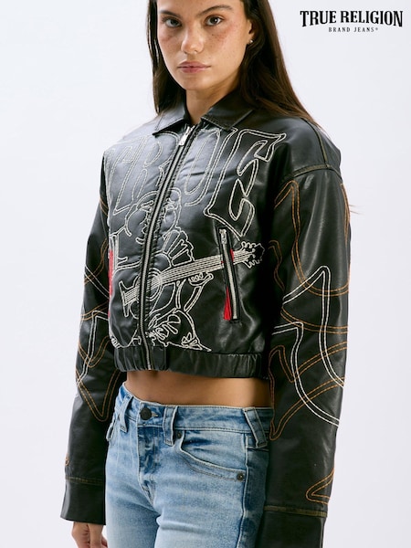 Svart - True Religion Relaxed Embroidered Buddha Faux Pu Jacket