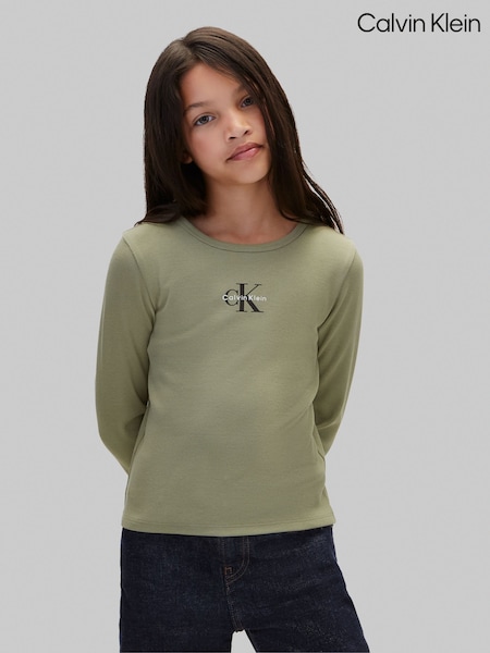 أخضر زيتي - Calvin Klein Long Sleeve Logo T-shirt