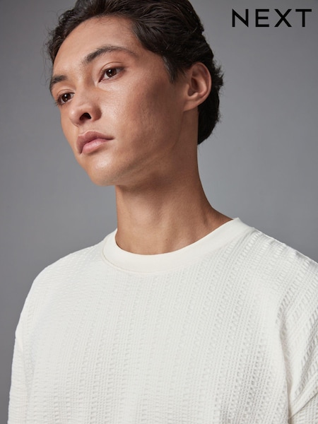 Ecru White Relaxed Fit 100% Cotton Seersucker Texture T-Shirt (237553) | €8