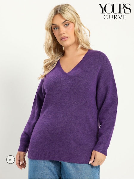 Purple - Yours Curve Knitted V-neckline Jumper