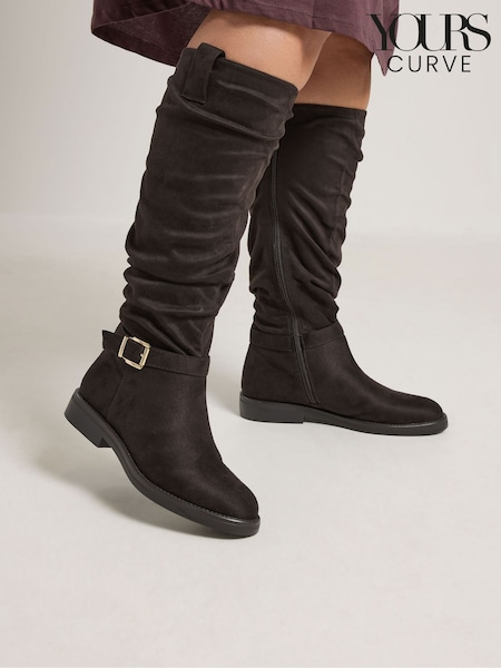 Brun - Yours Curve Faux Suede Buckle Detail Knee High Boots In Wide E Fit