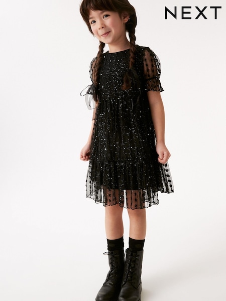 Black Sparkle Mesh Short Sleeve Tiered Party Dress (3-16yrs) (238464) | € 13 - € 17