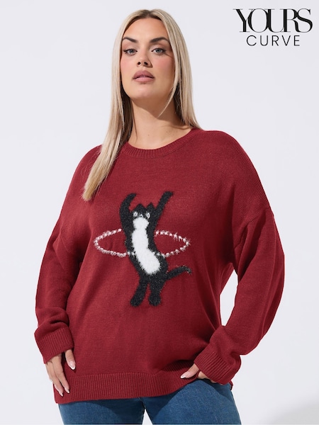 Red - Yours Curve Limited Cat Knitted Jumper