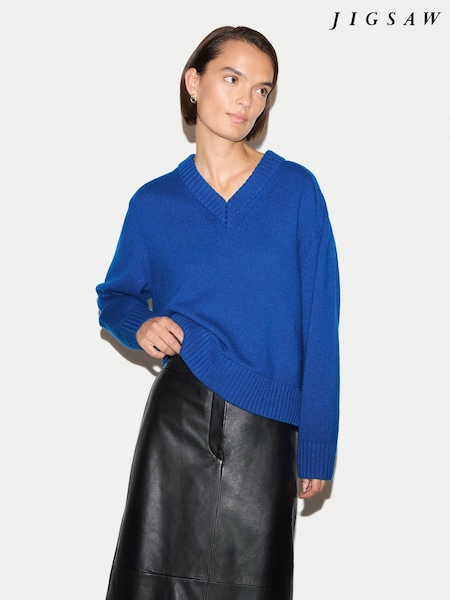 Blue - Jigsaw Wool Cashmere Blend V-neck Jumper