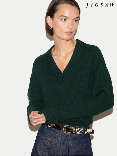 Verde - Jigsaw Wool Cashmere Blend V-neck Jumper