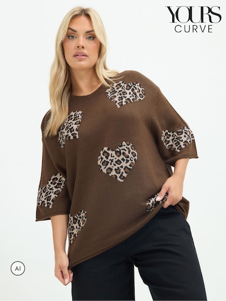 Brown - Yours Curve Limited Heart Leopard Knitted Boxy Top