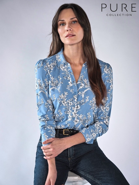 Blue - Pure Collection Viscose Jersey V-neck Shirt