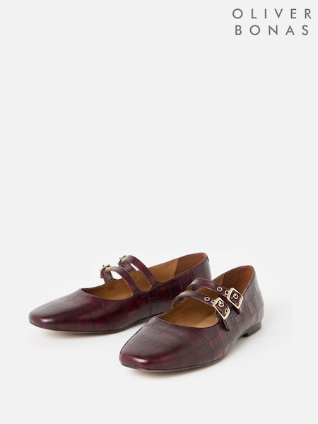 Červená - Oliver Bonas Double Buckle Croc-effect Leather Mary Janes Shoes