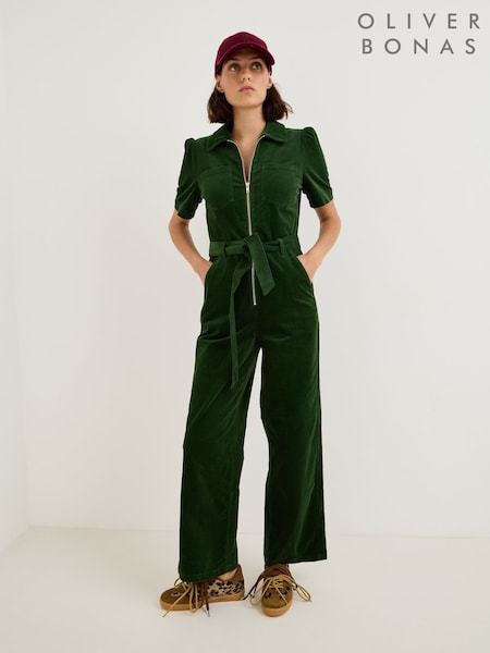 Green - Oliver Bonas Corduroy Zip Up Short Sleeve Jumpsuit