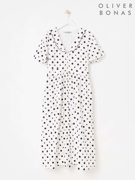 Кремовий - Oliver Bonas Polka Dot Scallop Collar Cotton Midi Dress