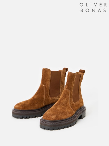 بني - Oliver Bonas Tan Chunky Suede Chelsea Boots