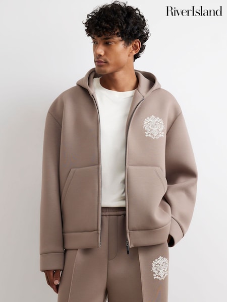 Natural - Regular River Island Oversized Fit Premium Baroque Zip Through Hoodie