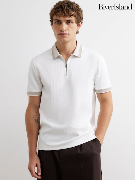 White - Regular River Island Slim Fit Zipped Waffle Texture Polo Shirt