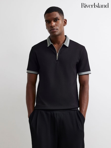 Black - Regular River Island Slim Fit Zipped Waffle Texture Polo Shirt