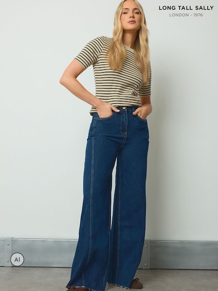 Синий - Long Tall Sally Cotton Raw Hem Wide Leg Jeans