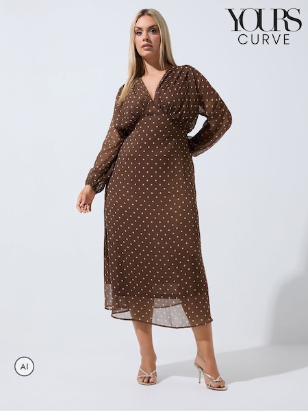 Brown - Yours Curve Limited Polka Dot Tie Chiffon Dress