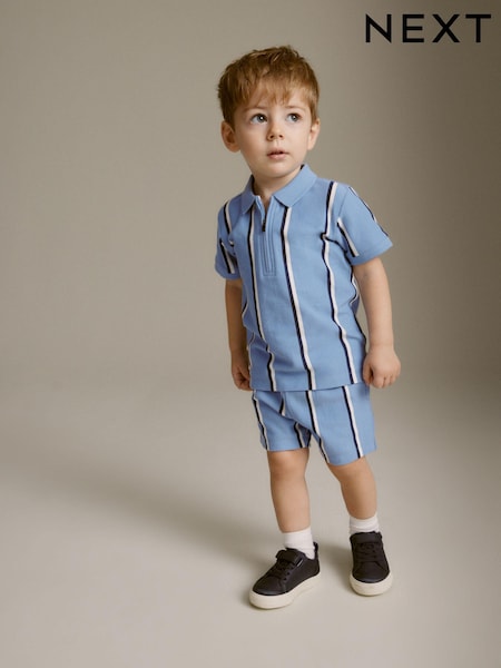 Blue Vertical Stripe Quarter Zip Polo 100% Cotton Shirt and Shorts Set (3mths-7yrs) (240599) | €13 - €17