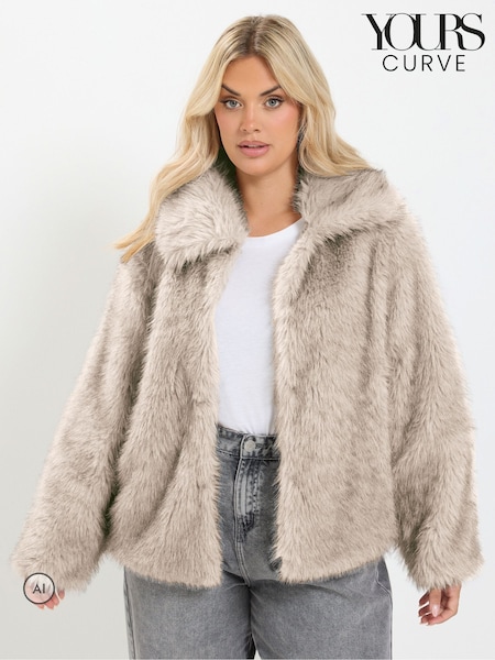 Grey - Yours Curve Faux Fur Tipped Coat