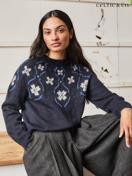 Blue - Celtic & Co. British Wool Abstract Floral Jumper