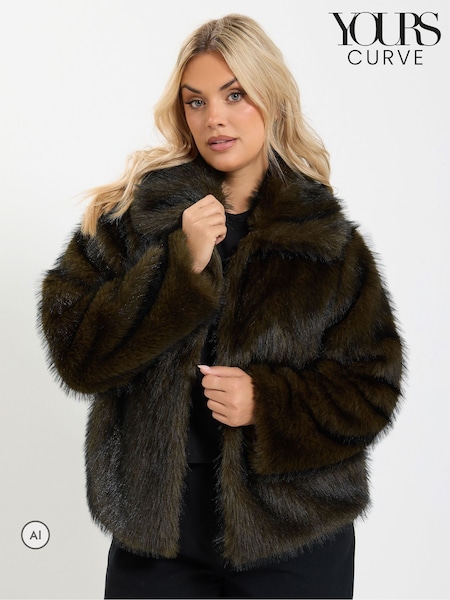 Brown - Yours Curve Faux Fur Tipped Coat