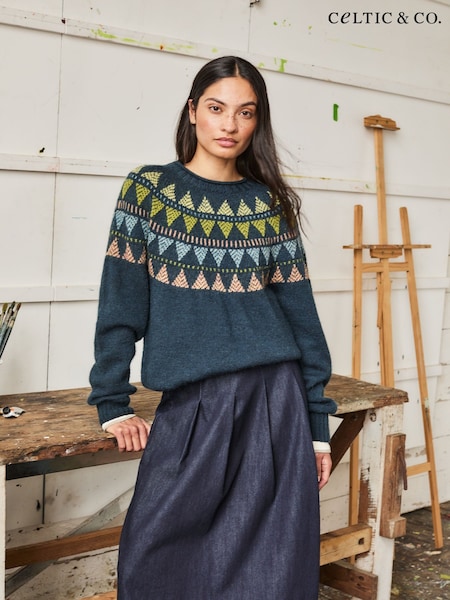 Green - Celtic & Co. British Wool Geo Fair Isle Yoke Jumper