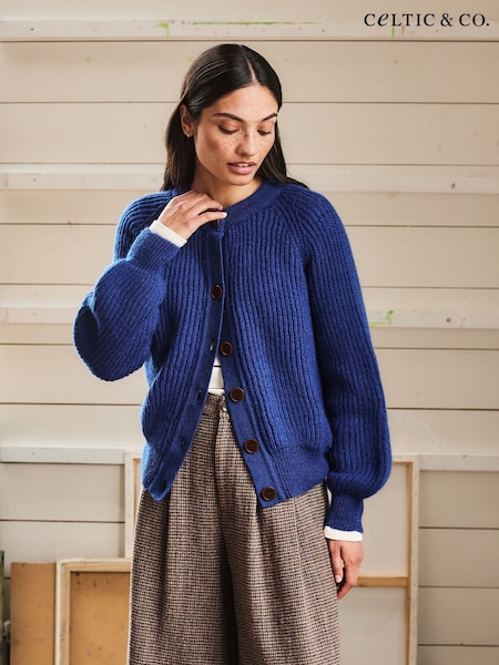 Albastru - Celtic & Co. British Wool Ribbed Cardigan