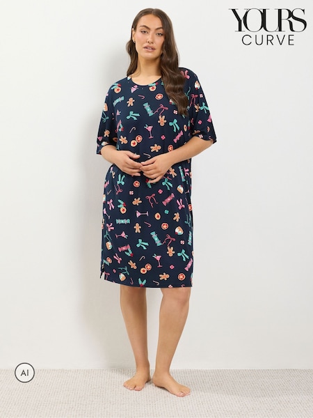 Blue - Yours Curve Christmas Print Soft Touch Nightdress