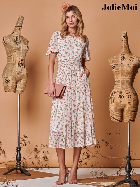 Jolie Moi Cream Floral Angel Sleeve Metallic Chiffon Midi Dress (241749) | €46