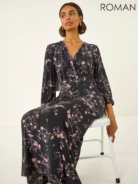 Black - Roman Floral Print Stretch Midi Dress