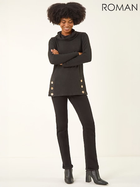 Black - Roman High Neck Buttoned Top