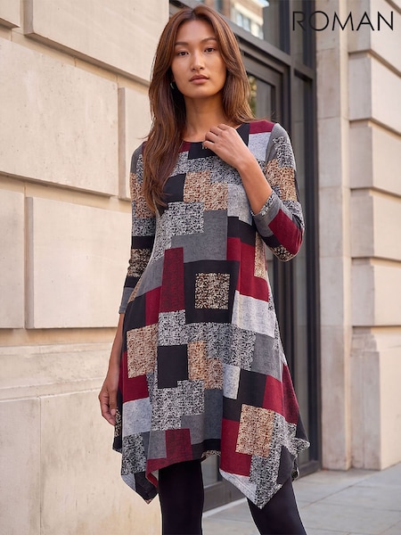 Red - Roman Patchwork Pocket Detail Stretch Dress