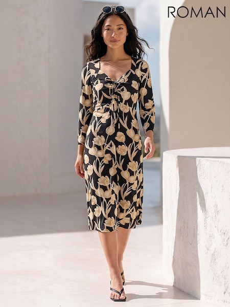 Black - Roman Petite Floral Gathered Stretch Midi Dress