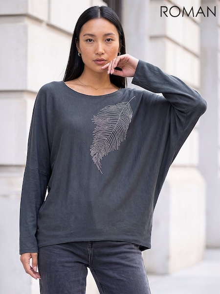 Grey - Roman Hotfix Feather Stretch Knit Top