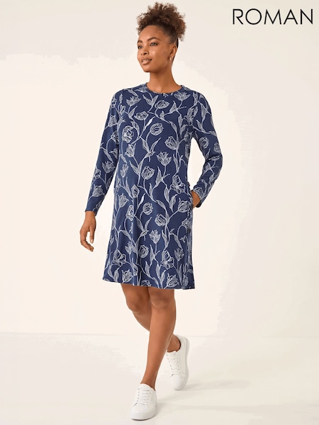 Blue - Roman Floral Print Side Button Stretch Dress
